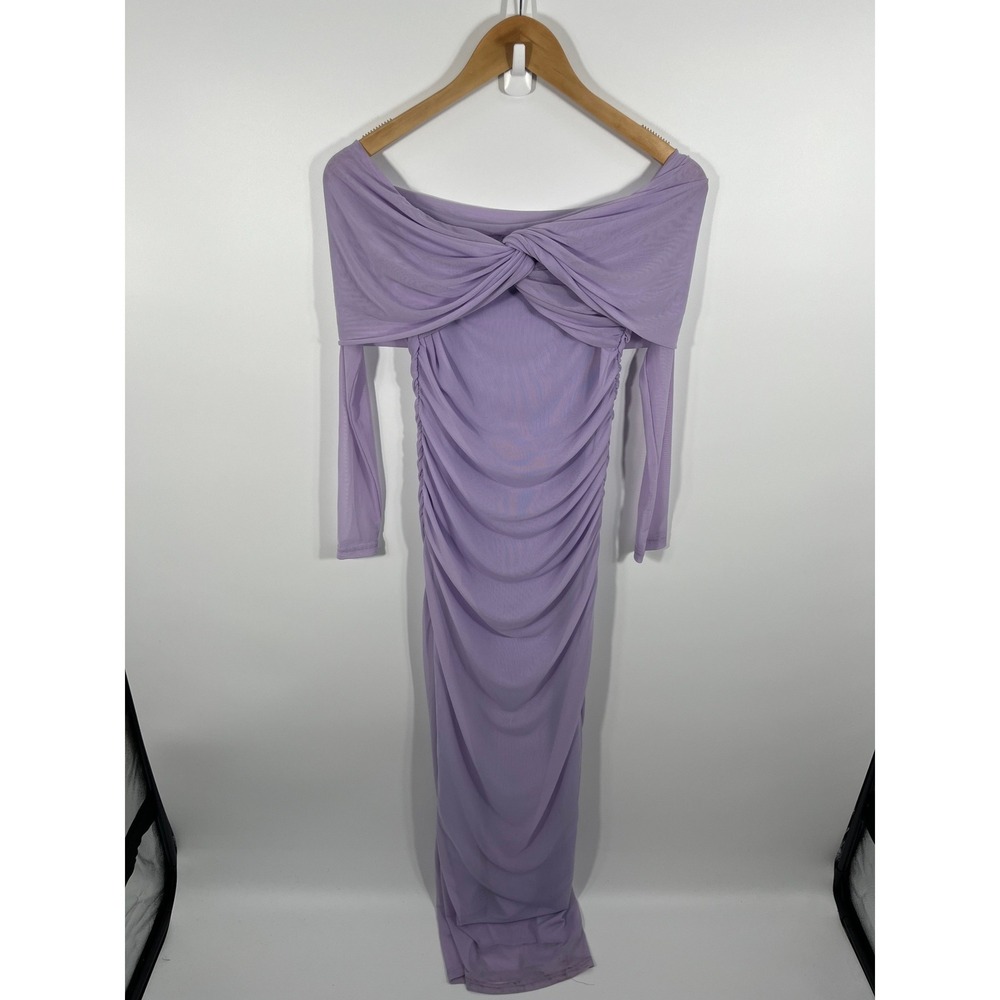 Womens‎ Off The Shoulder Maxi Dress S Purple Mesh Stretch Ruched Wedding Guest